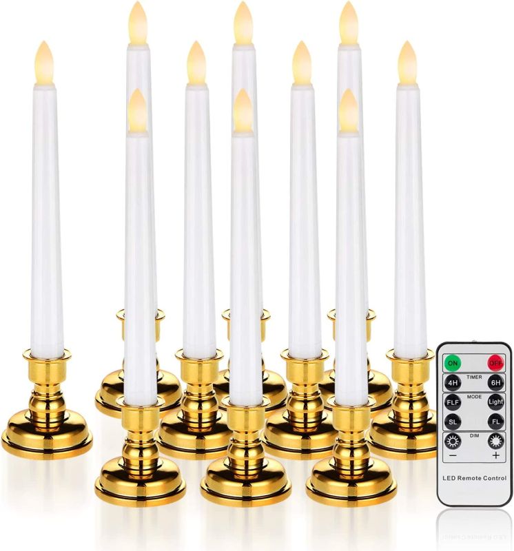 Photo 1 of Amagic 9 Pieces Christmas Window Candles, Flameless Taper Candles with Gold Bases, Battery Operated Flickering LED Candles, Warm White, Remote Control Halloween Decorations DAMAGED BOX

