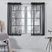 Photo 1 of Black Sheer Curtains 45" Long for Kitchen Rod, Semi Sheer Curtains for Bedroom Living Room, Window Treatment, Sheer Curtains Faux Linen Ruffle Curtains, 2PCS 52"W x 45"L
