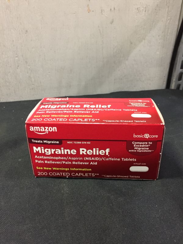 Photo 2 of Amazon Basic Care Migraine Relief, Acetaminophen, Aspirin (NSAID), and Caffeine Tablets, 200 Count BEST BY APRIL 2023