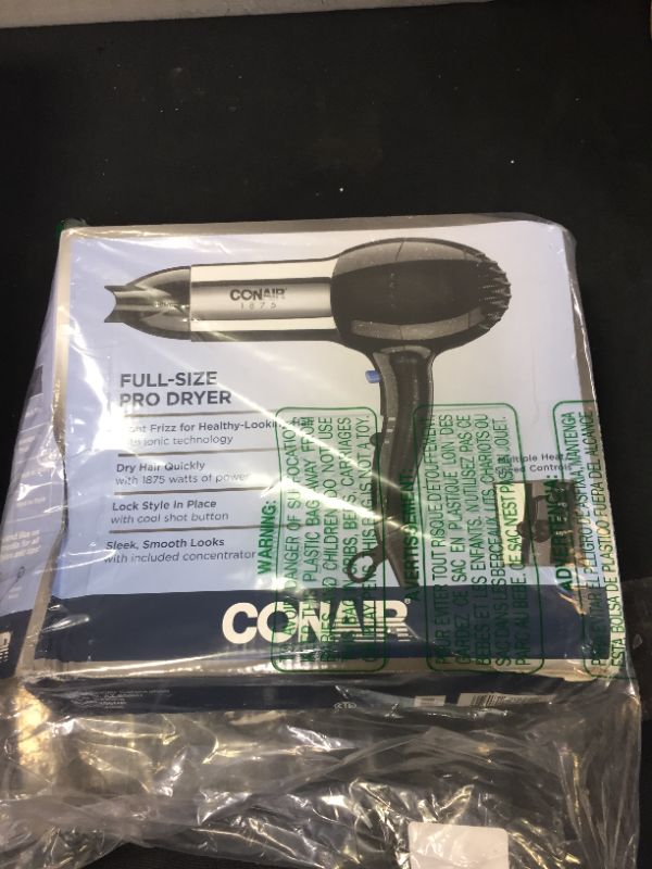 Photo 3 of Conair Pro Styler Ionic Conditioning Hair Dryer, Black/Chrome
DAMAGED BOX
