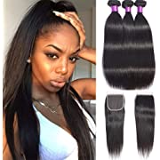 Photo 1 of Brazilian Straight Human Hair 3 Bundles With Closure 100% Virgin Hair Straight Bundles And Closure Remy Hair Body Wave Natural Color No Smell (Black)
