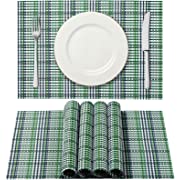 Photo 1 of AHHFSMEI Set of 6 Durable Heat Resistant Non-Slip Woven Vinyl Washable Placemats for Dining Table, Easy to Clean (Green and White)
