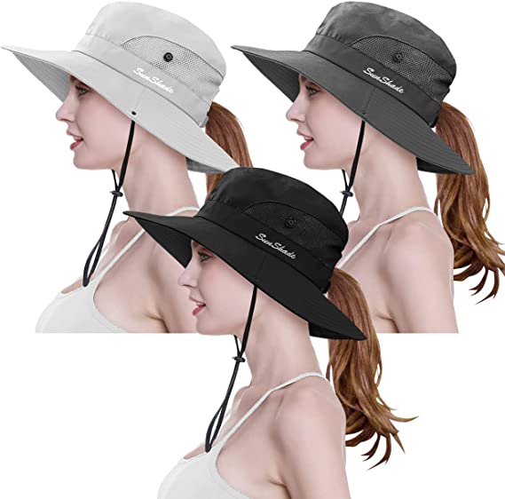 Photo 1 of 3 Pieces Womens Ponytail Wide Brim Sun Hat Packable UV Protection Beach Cap for Fishing & Hiking