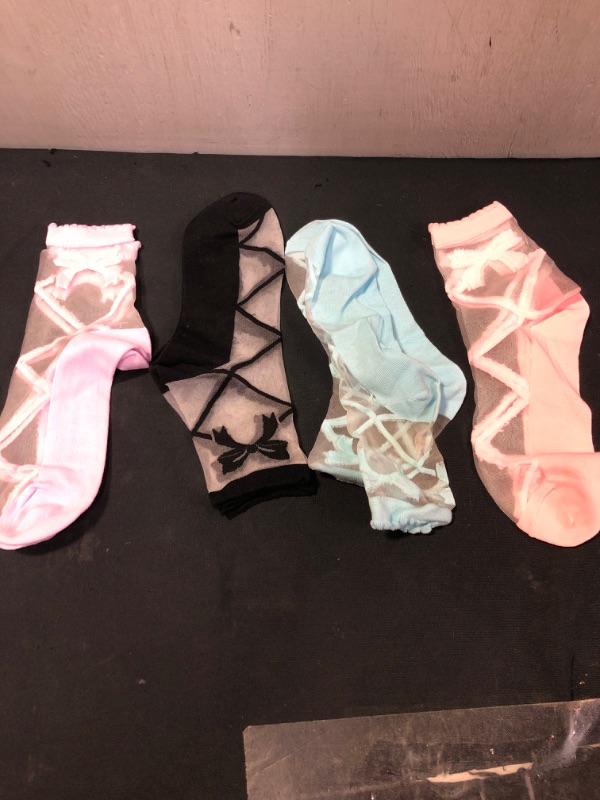 Photo 2 of 4 Pairs Clear Women Sheer Socks Thin Summer Socks Liners Lace Tulle Ankle Transparent Cute Cuff Socks