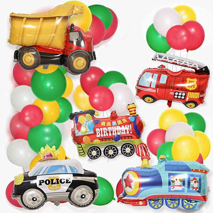 Photo 1 of Construction Birthday Party Supplies Dump Truck Birthday Party Decorations Includes Dump Truck Train Police Firetruck Foil Balloon and Latex Balloon for Boys Girls Kids Baby Shower Party (45 Pcs)