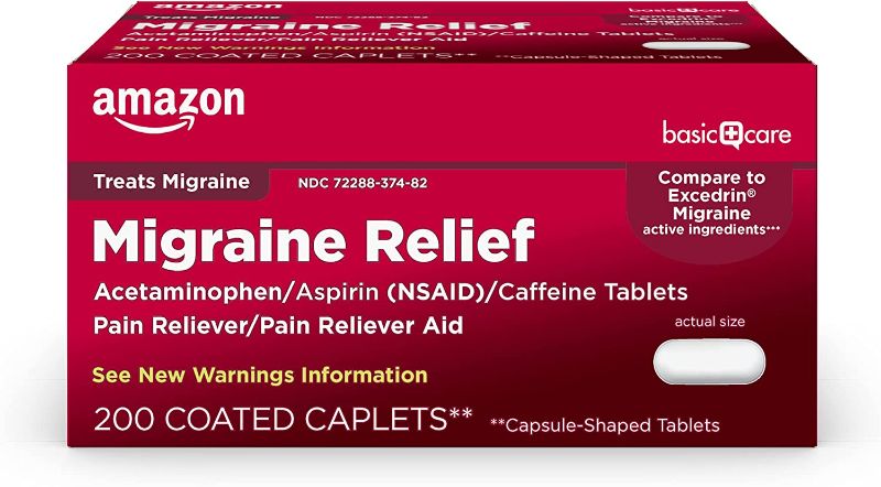 Photo 1 of Amazon Basic Care Migraine Relief, Acetaminophen, Aspirin (NSAID) and Caffeine Tablets, 200 Count, Best By 03/23

