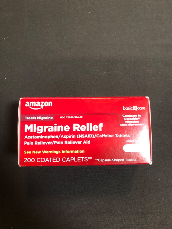 Photo 2 of Amazon Basic Care Migraine Relief, Acetaminophen, Aspirin (NSAID) and Caffeine Tablets, 200 Count, Best By 03/23
