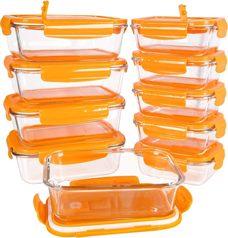 Photo 1 of [10 Packs, 20 Pieces] Glass Food Storage Containers with Lids (Built in Vent), Airtight Meal Prep Containers, Glass Bento Boxes for Home Kitchen, BPA Free & Leak Proof (10 lids & 10 Containers) - Orange
