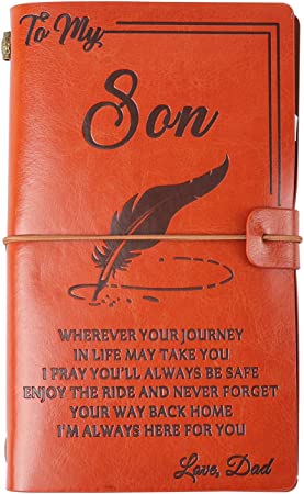 Photo 1 of To My Son Leather Journal from Dad Enjoy The Ride Writing Journal Drawing Sketch Book Embossed Vintage Refillable Writing Personalized Leather Notebook- 136 Page (From Dad to Son)