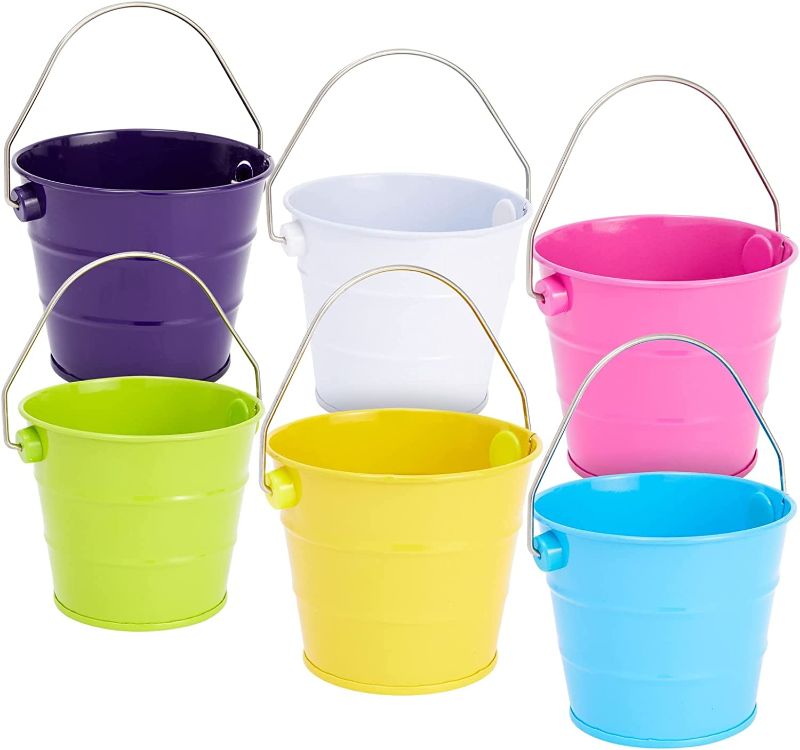 Photo 1 of 6-Pack Mini Metal Buckets with Handles, Colorful Small Pails for Party Favors for Kids, Use for Storage at Home or for School Classrooms (6 Vibrant Colors, 3.3x2.8 in)
