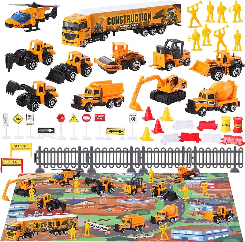 Photo 1 of JOYIN Diecast Engineering Construction Vehicle Toy Set with Play Mat Including 11 Die-cast Cars, 8 Action Figures & Various Traffic Road Signs, Alloy Metal Car Toys Set for Over 3 Years Old Boys
