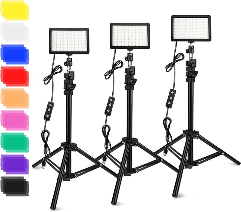 Photo 1 of 3 Packs 70 LED Video Light with Adjustable Tripod Stand / Color Filters, Obeamiu 5600K USB Studio Lighting Kit for Tablet / Low Angle Shooting, Collection Portrait YouTube Photography
