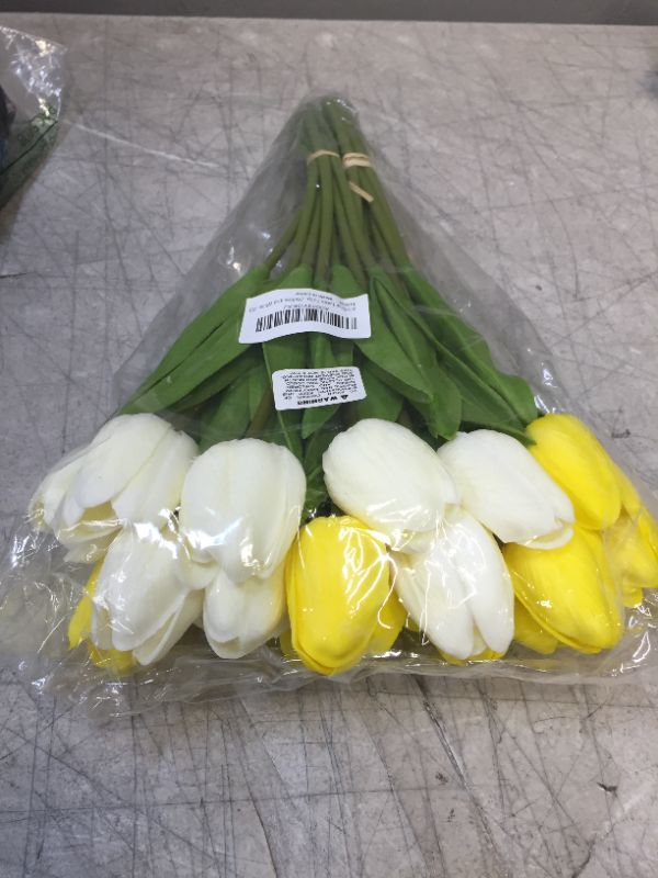Photo 2 of 20 Pcs Artificial Tulip Flowers in Yellow and White Faux Tulip Stems PU Real Touch Tulips 13.7" Tall for Easter Spring Wedding Bouquet Floral Arrangements Wreath Table Centerpiece Indoor Outdoor Decor
