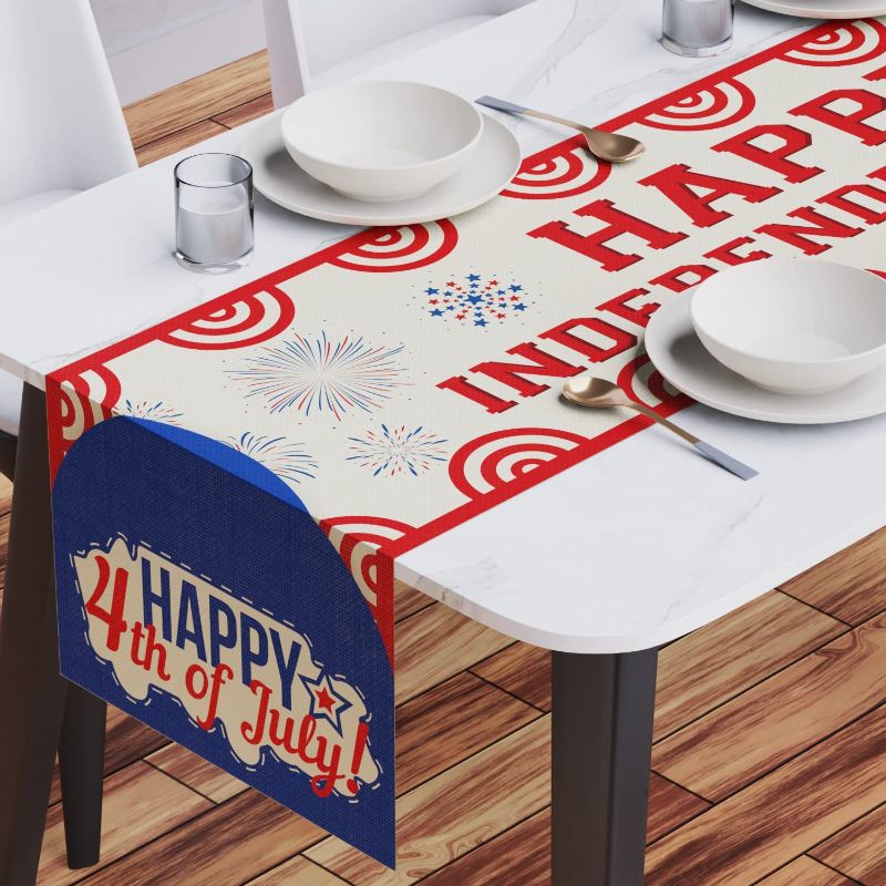 Photo 1 of 4th of July Decorations Table Runners 13x72 Inches Long, Fourth of July Decor for The Home Indoor Outdoor Party Decoration, Independence Day Home Table Decoration Burlap Tablecloth
