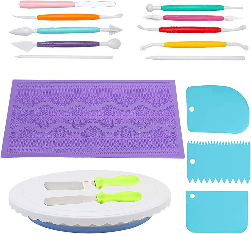 Photo 1 of 17 Pcs, Cake Turntable, Rotating Cake Stand, Moving Cake Stand, Cake Icing, Cake Scraper Set, Sugar Lace Mat, Premade Cake Lace, Fondant Tools Set, Decorating Fondant Tools, Holiday Cookie Cutters --FACTORY SEALED--
