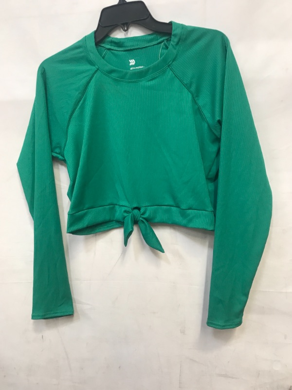 Photo 2 of 1 PC TOP ONLY XL --Women's Tie-Front Long Sleeve Cropped Ribbed Rash Guard - All in Motion Green XL
