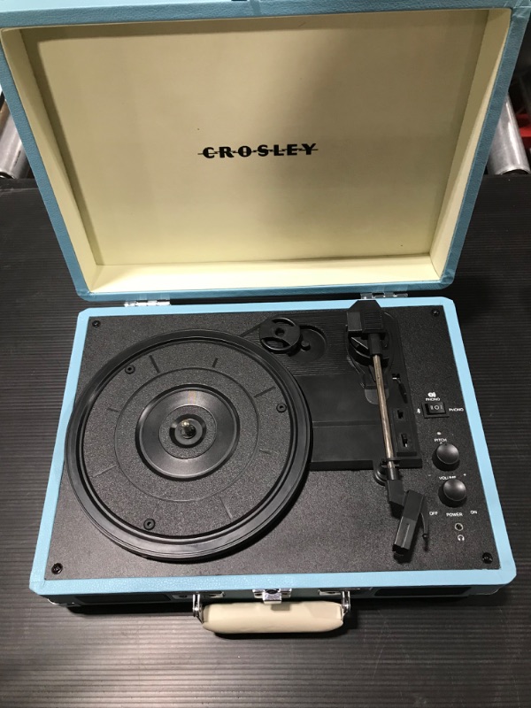 Photo 2 of Crosley CR8005F-TU Cruiser Plus Vintage 3-Speed Bluetooth in/Out Suitcase Vinyl Record Player Turntable, Turquoise/White Bluetooth In/Out Turquoise/White