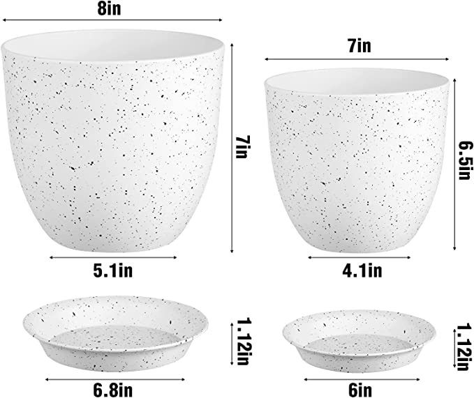 Photo 2 of Ahomdoo Plastic Plant Pots 8/7 Inch Modern Flower Pots for Indoor Planter Plant Pots with Drainage Holes and Tray Speckled(White)