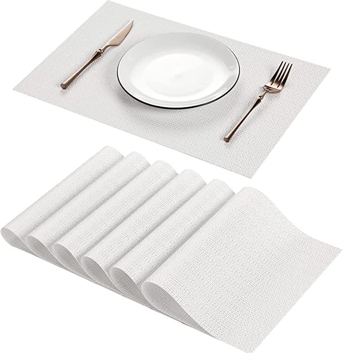 Photo 1 of AHHFSMEI Set of 6 Durable Heat Resistant Non-Slip Woven Vinyl Washable Placemats for Dining Table, Easy to Clean (White)
