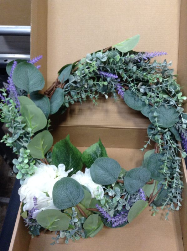 Photo 3 of 18" Eucalyptus Wreath for Front Door Artificial Lavender Wreaths Summer Green Leaf Farmhouse Flower Wreath with White Silk Hydrangeas for Window Wall Decor