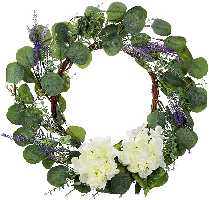 Photo 2 of 18" Eucalyptus Wreath for Front Door Artificial Lavender Wreaths Summer Green Leaf Farmhouse Flower Wreath with White Silk Hydrangeas for Window Wall Decor