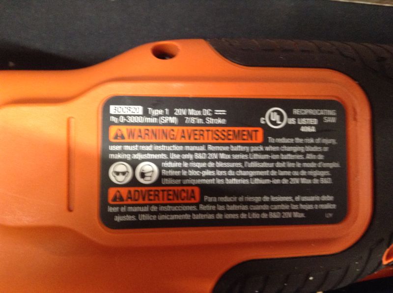 Photo 1 of BLACK+DECKER 20V MAX* Cordless Reciprocating Saw Kit (BDCR20C)