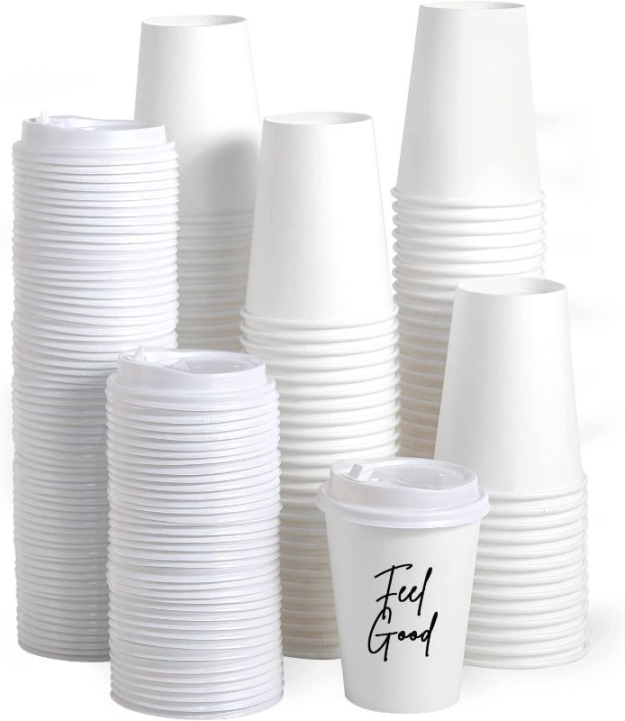 Photo 1 of [100 Pack] 12 oz Paper Coffee Cups, Disposable Paper Coffee Cup with Lids, Hot/Cold Beverage Drinking Cup for Water, Juice, Coffee or Tea, Suitable for Home, Shops and Cafes --FACTORY SEALED --
