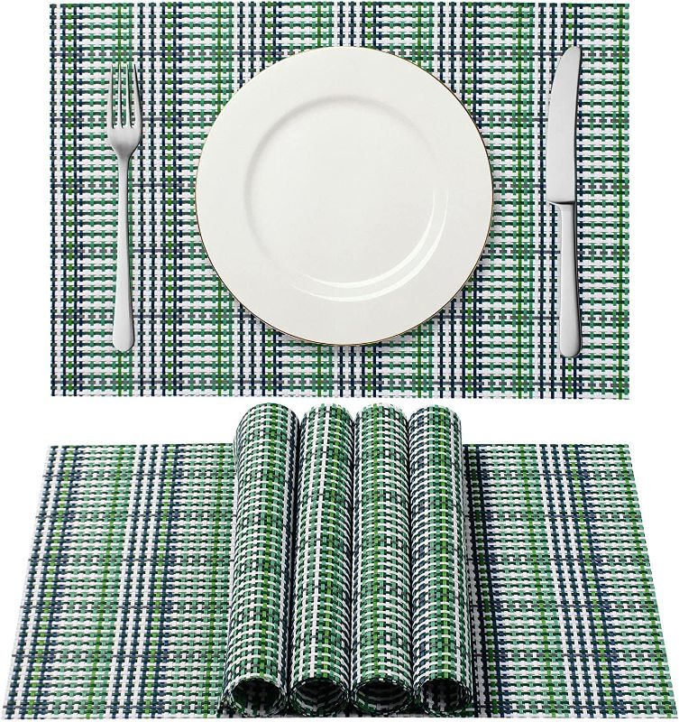 Photo 1 of AHHFSMEI Placemats?Placemats Set of 6 for Dining Table Washable Woven Vinyl Non-Slip Placemat Heat-Resistant Durable Table Mats for Dining Table Easy to Clean?Green and White?
