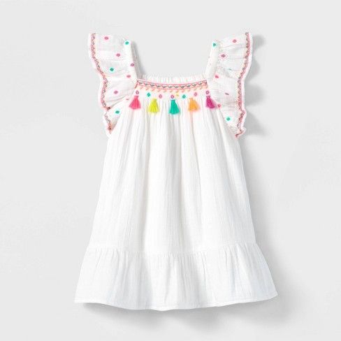Photo 1 of 2T *Toddler Girls' Embroidered Pom Ruffle Sleeve Dress - Cat & Jack™ White

