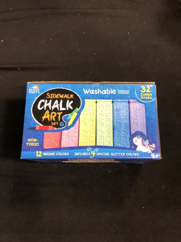 Photo 2 of Block Party Sidewalk Chalk 32-Piece Art Set - BIG BOLD Colors Includes 4 Glitter Chalk That Sparkle, Square Non-Roll Kids Chalk, Washable
