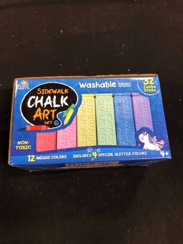 Photo 2 of Block Party Sidewalk Chalk 32-Piece Art Set - BIG BOLD Colors Includes 4 Glitter Chalk That Sparkle, Square Non-Roll Kids Chalk, Washable
