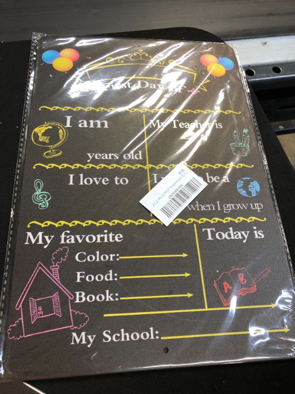 Photo 2 of First Day of School Photo Prop Chalkboard Sign for Kids, Girls & Boys, My 1st Day Back to School Board Style Sign, Kindergarten, Preschool, Durable Aluminum Metal Milestone Large Tin Sign 12" X 8"
