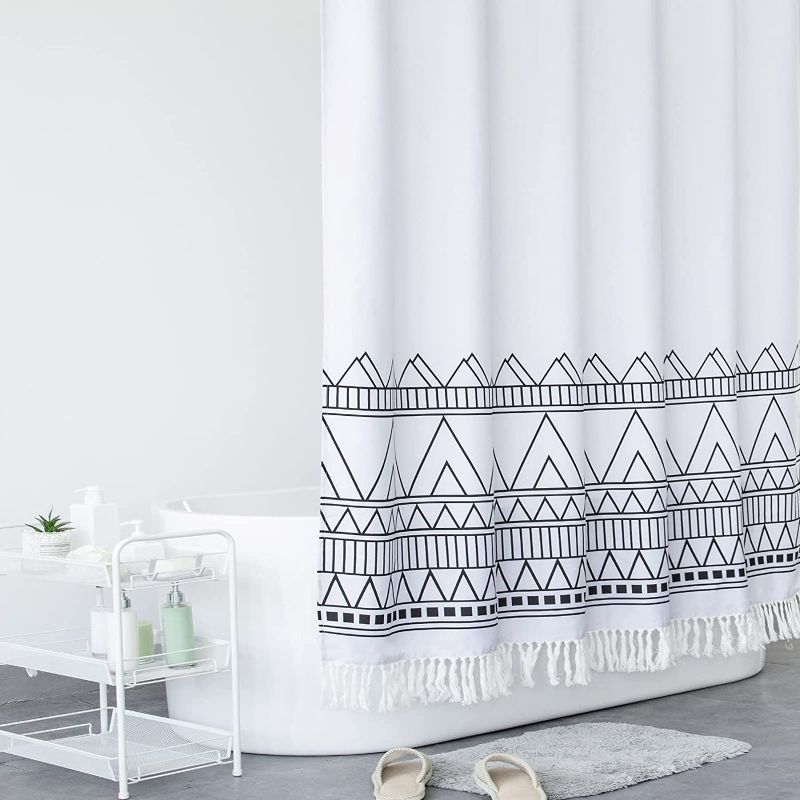 Photo 1 of BTTN White Boho Shower Curtain - Abstract Geometric Waterproof Polyester Tribal Fabric Shower Curtain with Tassel,Bohemain Farmhouse Chic Bathroom Shower Curtain with 12 Plastic Hooks,W72X72