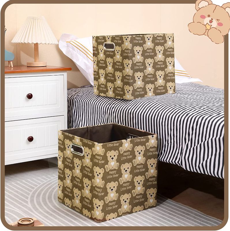 Photo 2 of Fboxac Baby Cube Storage Bins 11×11 Bear Foldable Box with Handles, Collapsible Organization Basket Set of 2 Drawer for Closet Shelf Cabinet Bookcase Bedroom, Brown