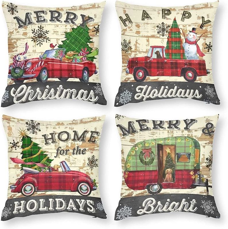 Photo 1 of BBKD Set of 4 Christmas Decorative Throw Pillow Covers 18x18 Inch , Wood Grain Christmas Home Decor Polyester Pillow Covers ?for Living Room, Couch and Bed?Christmas,18x18?