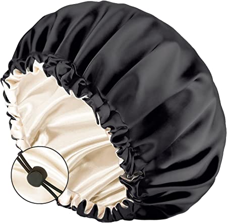 Photo 1 of Auban Large Bonnet Sleep Cap Hair Wrap for Curl, Double Layer Satin Lined Bonnet for Sleeping Adjustable Elastic Lace Band Large Hair Silk Wrap for Women Hair Care and Washing Face