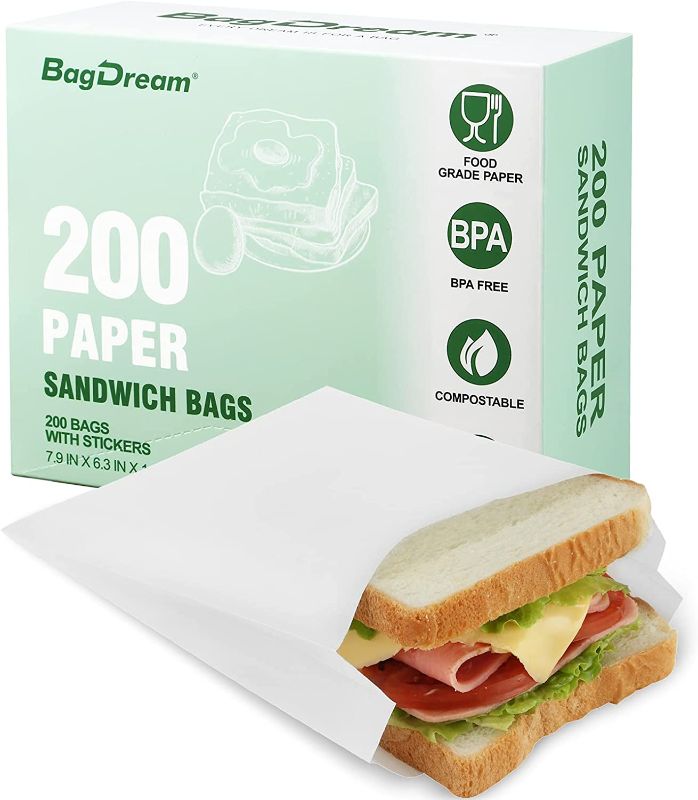 Photo 1 of BagDream Paper Sandwich Bags 7.9x6.3x1.96 Inches 200ct Kitchens Paper Sandwich Sack Bags, Sealable with Thank You Stickers, White Glassine Paper Food Storage Bags Treat Bags