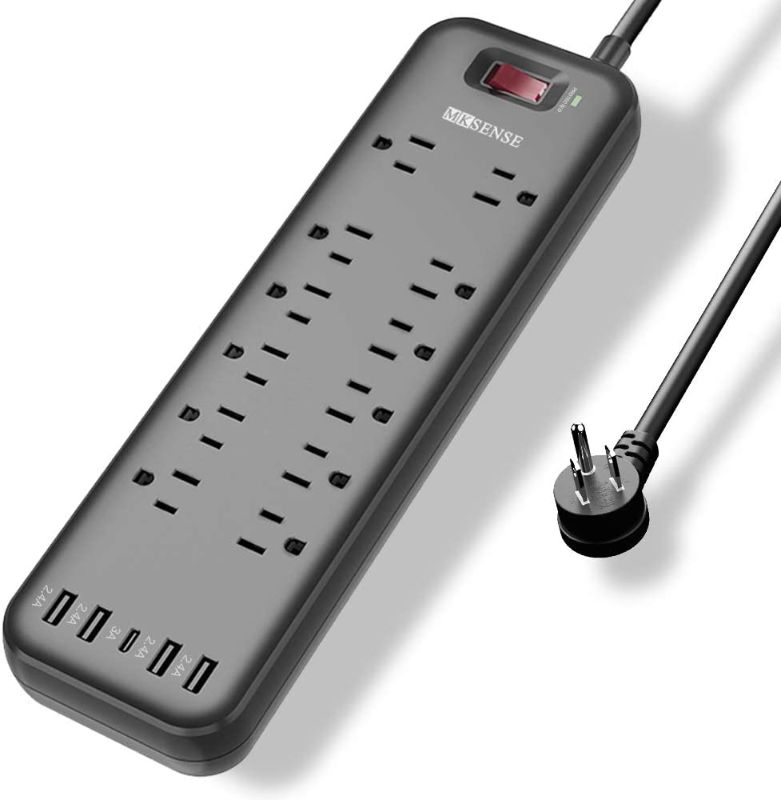 Photo 1 of Power Strip, MKSENSE Surge Protector with 12 Outlets & 4 USB Ports & 1 Type-C Port (5V/3A), 3600 Joules, Angled Flat Plug, Spaced Outlets & ETL Listed Power Outlet for Home Office - Black