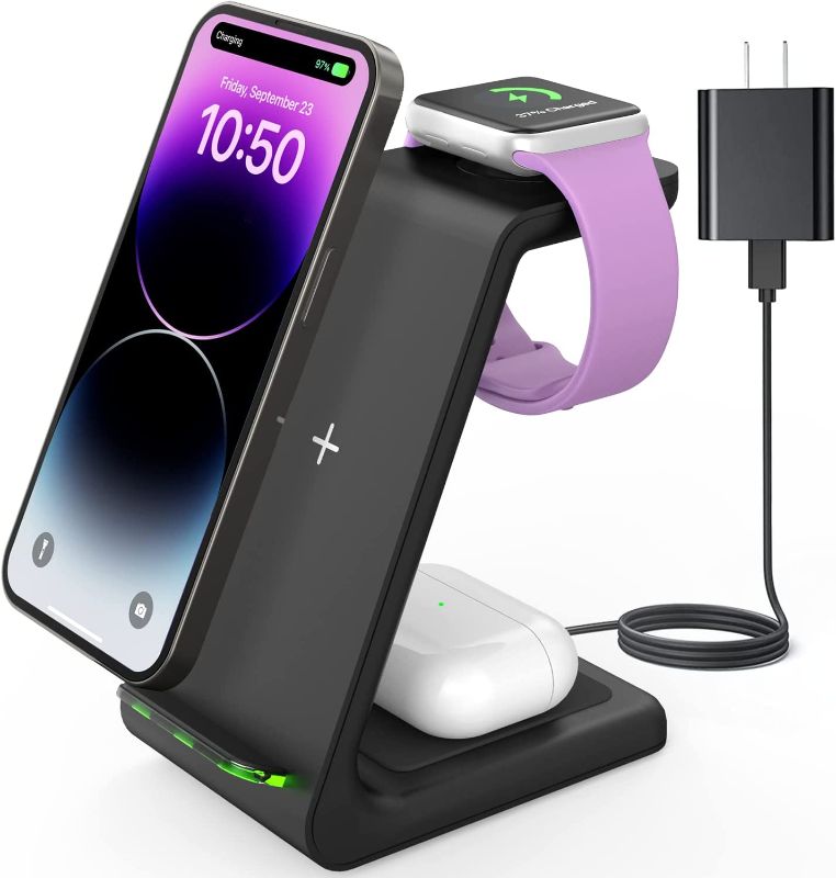 Photo 1 of JoyGeek Wireless Charging Station, Wireless Charging Stand, 3 in 1 Charging Station for Apple iPhone 14/13/12/11/SE/X/8 Series, iWatch 8/SE/7/6/3, AirPods 2/3/Pro - Black (Watch charging part does not work)

