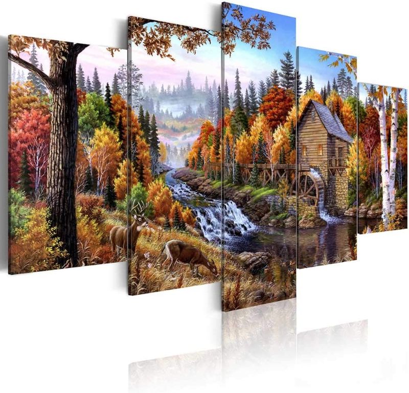 Photo 1 of ArtHome520 Yellow Fall Landscape Wildlife Canvas Print Painting Wall Art Colorful Animal Deer Pictures Home Decor for Living Dining Room Fashion Framed Ready To Hang 5 Panel (8''x12''x2+8''x16''x2+8''x20''x1)
