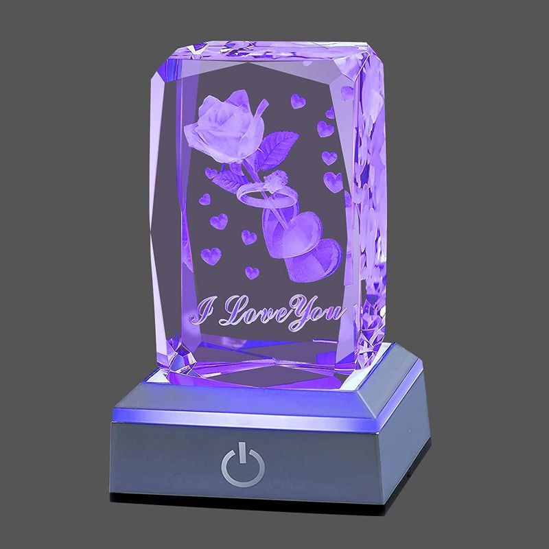 Photo 1 of 3D Crystal Night Light with Colorful Light Base, Laser Engraved Rose Ring and I Love You, Mother’s Day, Birthday Gift (B-Rose)Crystal Keepsakes & Paperweight
