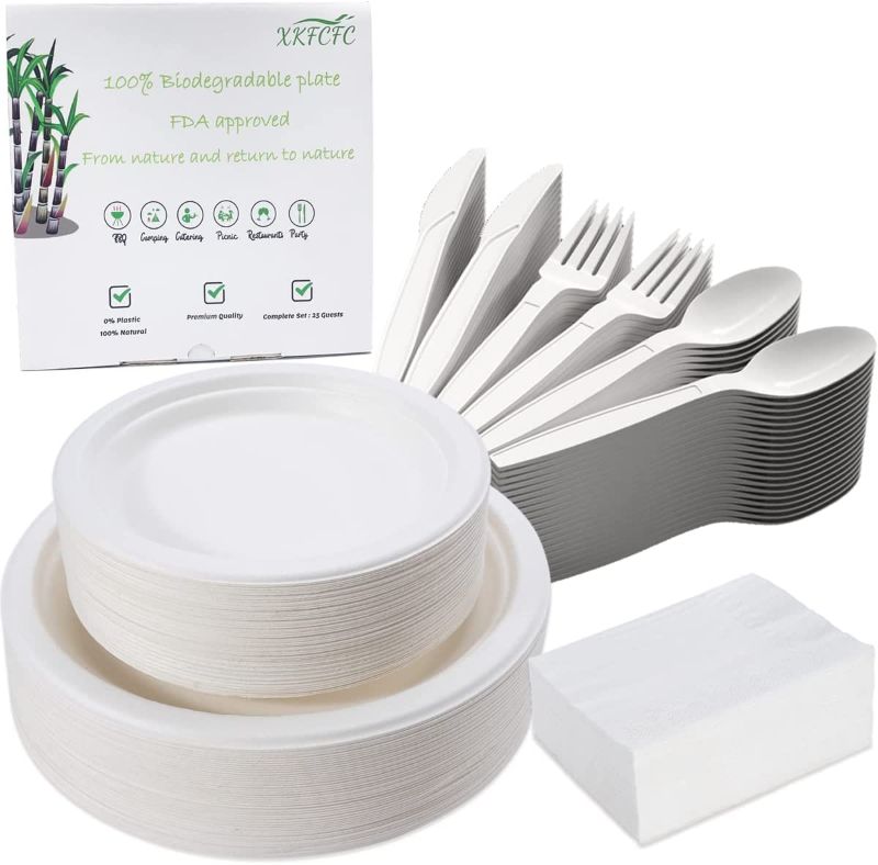 Photo 1 of XKFCFC 175 Piece Biodegradable Paper Plates Set (EXTRA LONG UTENSILS), Disposable Dinnerware Set, Eco Friendly Compostable Plates & Utensil include Plates, Forks, Knives and Spoons for Party, Camping…
