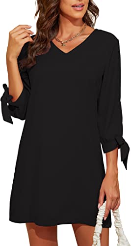 Photo 1 of BELONGSCI Women's Dress Sweet & Cute V-Neck Self Tie 3/4 Sleeve Casual Loose Shift Dress **Mini** Dress, BLACK, SIZE XL