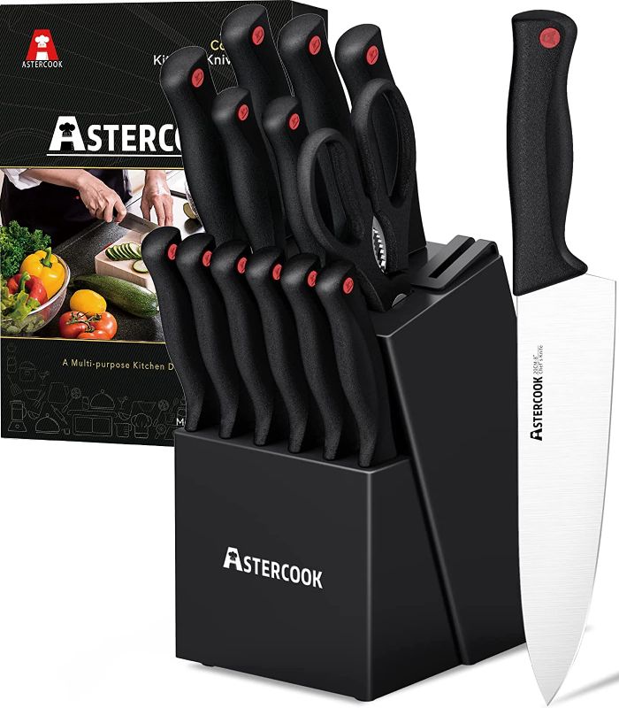 Photo 1 of Astercook Knife Set with Built-in Sharpener Block, Dishwasher Safe Kitchen Knife Set with Block, 14 Pcs High Carbon Stainless Steel Block Knife Set with Self Sharpening and 6 Steak Knives, Black