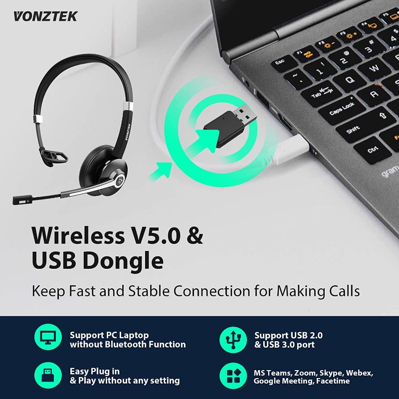 Photo 2 of Trucker Bluetooth Headset, Wireless Headset with Microphone Noise Canceling & Mute, On Ear Headphones for Zoom Skype Ms Teams, 26hrs Handsfree, Trucker Headset for Computer Home Office Mac PC