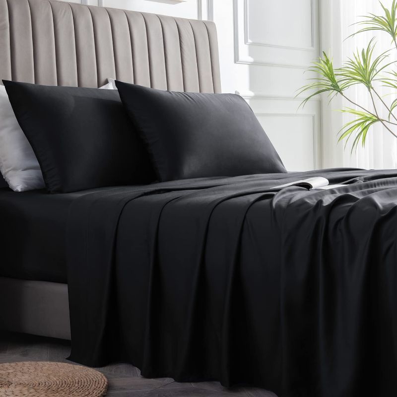 Photo 1 of BEDELITE Luxury 100% Bamboo Cooling Bed Sheets FULL SIZE Set, Deep Pocket Full Size Sheets Set-Hypoallergenic Super Soft Bed Sheets 4 Pieces-1 Fitted Sheet 16 Inches, 1 Flat Sheet, 2 Pillowcases-Black