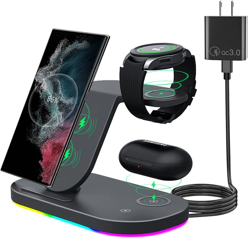 Photo 1 of OVISBAI 3 in 1 Android Wireless Charger for Samsung Devices, Wireless Charging Station for Samsung Galaxy S22/S22+/S22 Ultra/S21/S20/S10/Note20/Note10, Galaxy Watch 4/3,Galaxy Buds/Pro/+/Live Black
