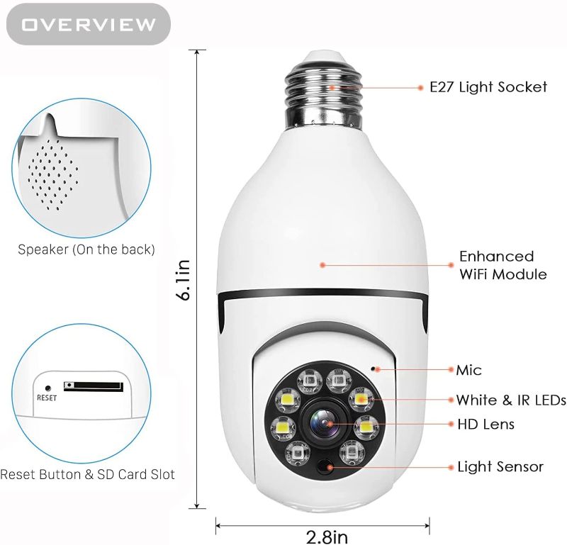 Photo 2 of Light Bulb Camera Home Security, Wireless Surveillance Camera, PTZ WiFi Bulb Camera with E27 Lamp Base