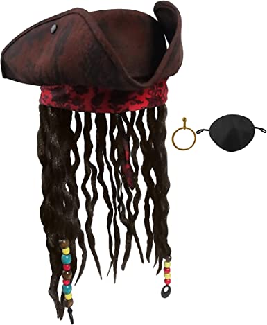 Photo 1 of Deluxe Pirate Hat with Dreadlocks Hair Braids Eye Patch Earring Pirate Set - Buccaneer Tricorn Pirate Hat - Caribbean Pirate Hat - Pirate Costume Accessories Set, Adjustable Size Brown