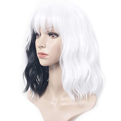 Photo 1 of Aideshair short Black and White wig with bangs women's wig curly wave synthetic cosplay girl colorful wig… (Black and White)
